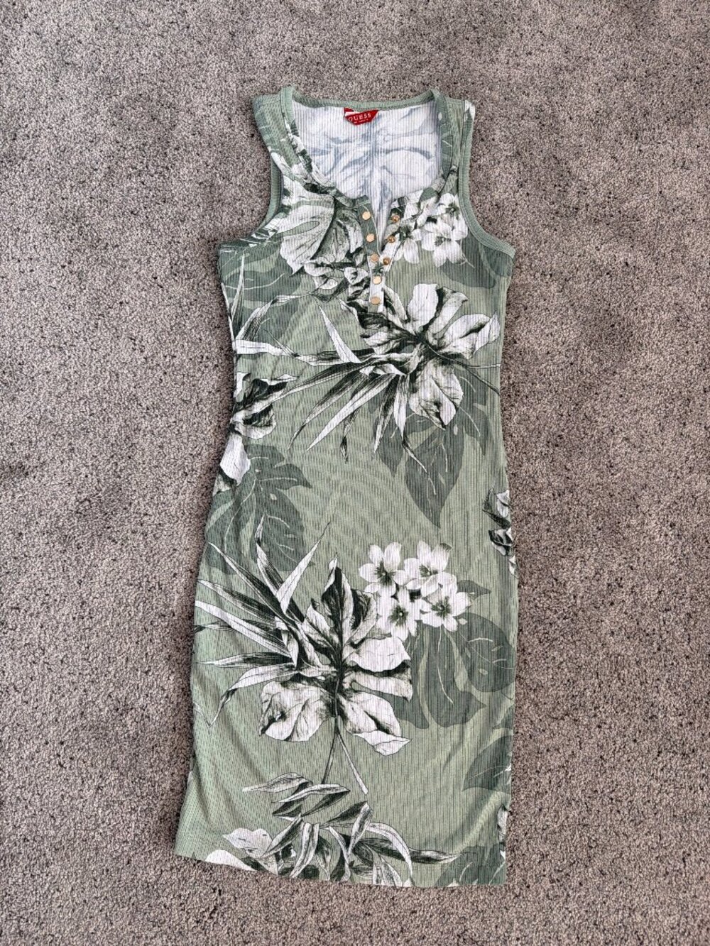 Guess Green Tropical Leaf Print Ribbed Henley Tank Midi Dress Size XS
